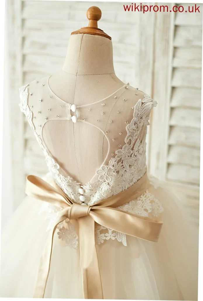 - A-Line Flower Girl Dresses Girl Sash/Beading/Back Neck Eve With Scoop Dress (Detachable sash) Hole Tulle/Lace Flower Sleeveless Knee-length