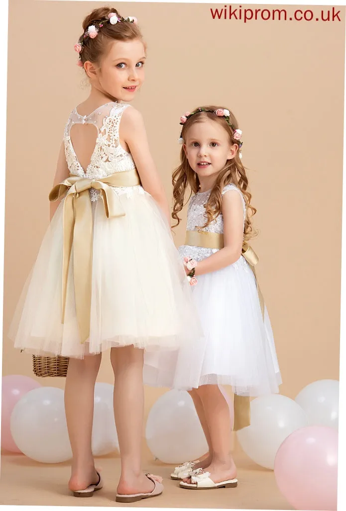 - A-Line Flower Girl Dresses Girl Sash/Beading/Back Neck Eve With Scoop Dress (Detachable sash) Hole Tulle/Lace Flower Sleeveless Knee-length