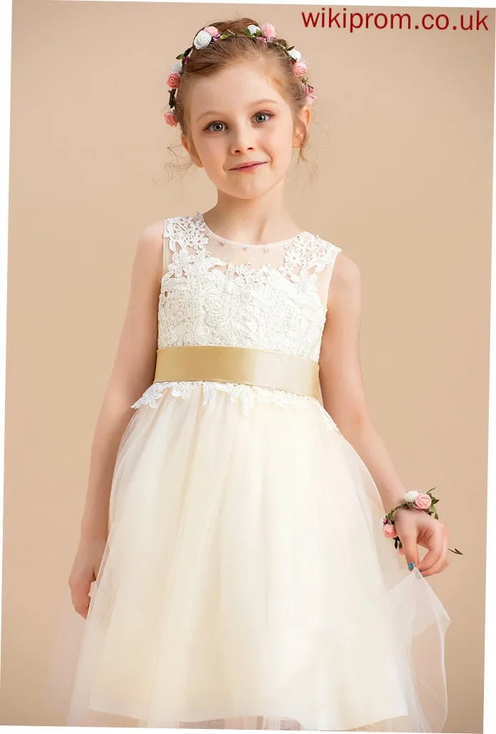 - A-Line Flower Girl Dresses Girl Sash/Beading/Back Neck Eve With Scoop Dress (Detachable sash) Hole Tulle/Lace Flower Sleeveless Knee-length