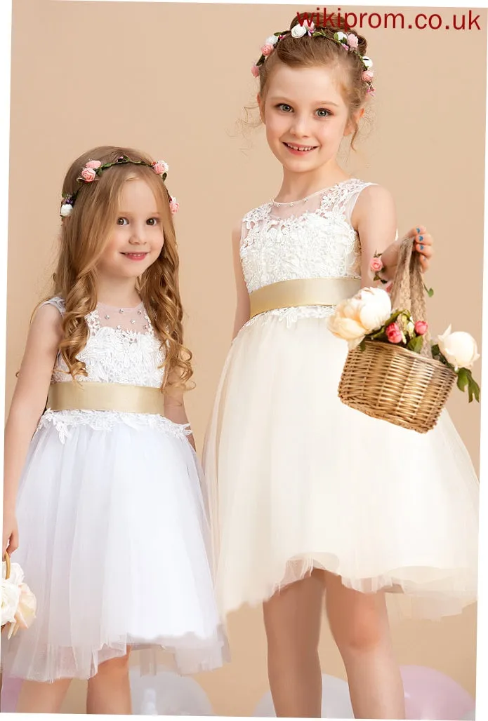- A-Line Flower Girl Dresses Girl Sash/Beading/Back Neck Eve With Scoop Dress (Detachable sash) Hole Tulle/Lace Flower Sleeveless Knee-length