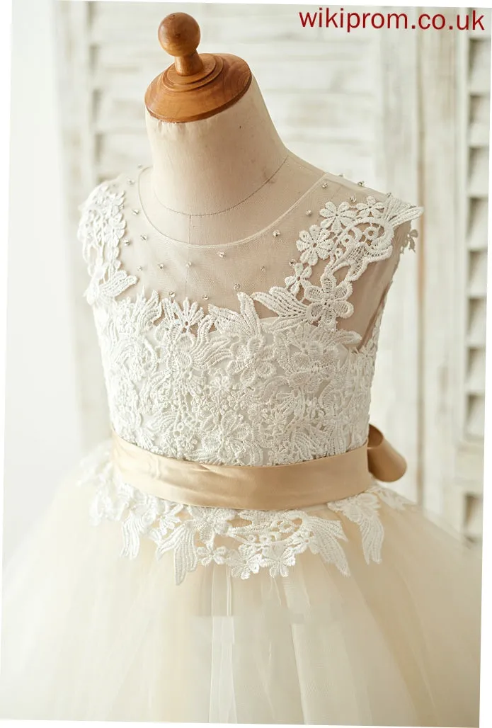 - A-Line Flower Girl Dresses Girl Sash/Beading/Back Neck Eve With Scoop Dress (Detachable sash) Hole Tulle/Lace Flower Sleeveless Knee-length