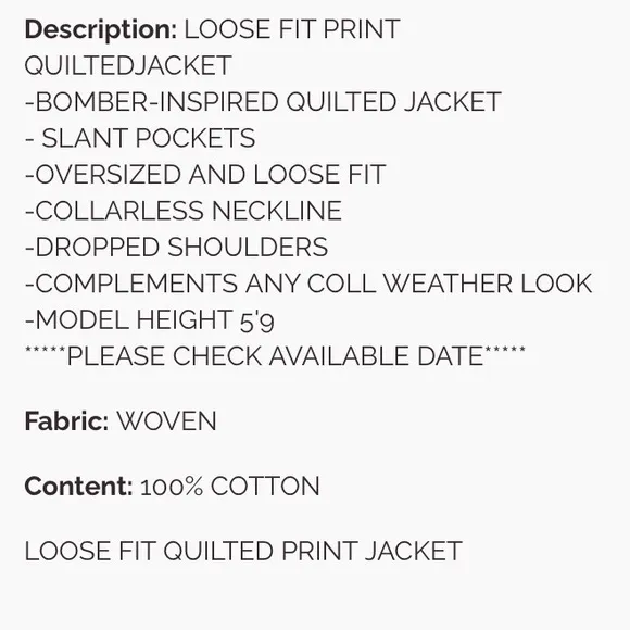 1 LEFT  34 ❤️ LOOSE FIT QUILTED PRINT JACKET