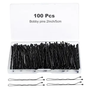 100Pcs Bobby Pins Black Hair Pins Kit for Women Girls Kids Premium Wavy Black Bobby Pins Hair Clips with Storage Box,Suitable for All Hair Types (Black, 2Inch)