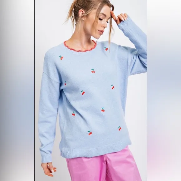 124 1 LEFT ❤️CHERRY EMBROIDERED SWEATER