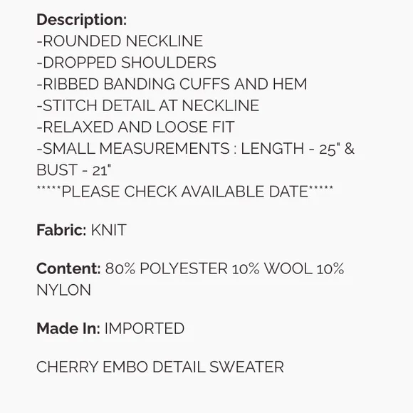 124 1 LEFT ❤️CHERRY EMBROIDERED SWEATER