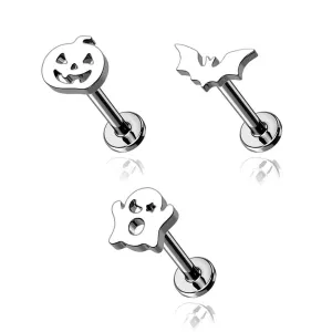 16G 3PCS Internally Threaded Pumpkin/Bat/Ghost Flat Top Labret Medusa Cartilage Studs Set