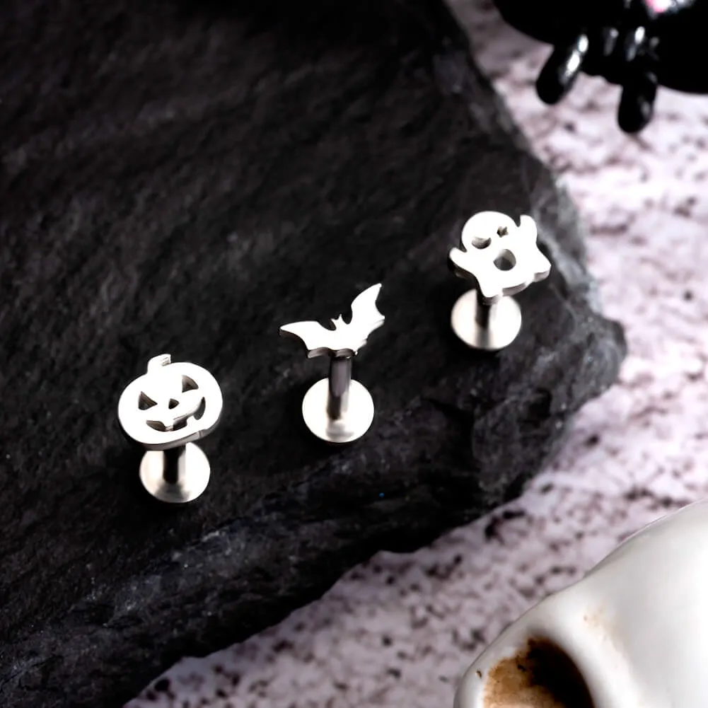 16G 3PCS Internally Threaded Pumpkin/Bat/Ghost Flat Top Labret Medusa Cartilage Studs Set