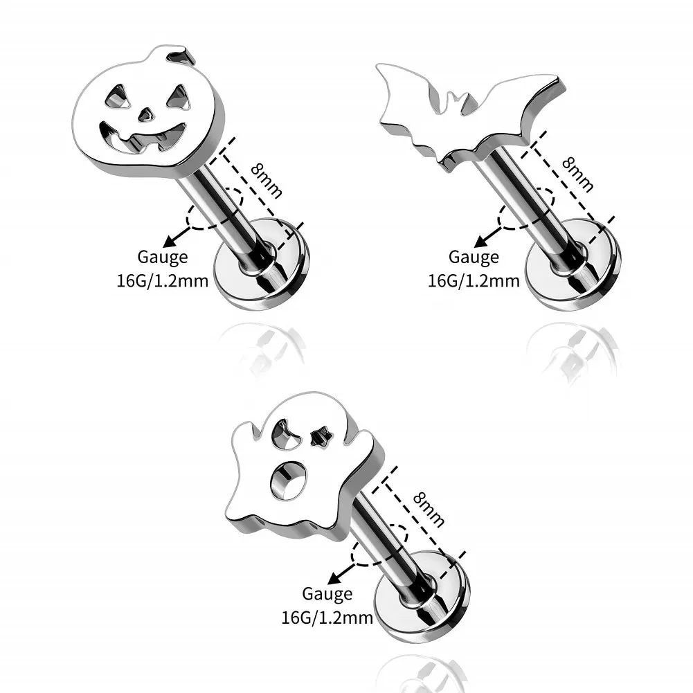 16G 3PCS Internally Threaded Pumpkin/Bat/Ghost Flat Top Labret Medusa Cartilage Studs Set