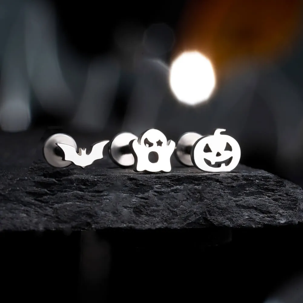 16G 3PCS Internally Threaded Pumpkin/Bat/Ghost Flat Top Labret Medusa Cartilage Studs Set