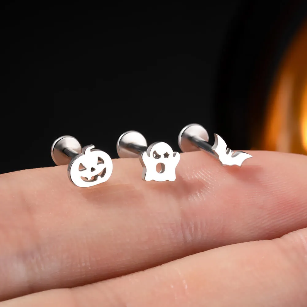 16G 3PCS Internally Threaded Pumpkin/Bat/Ghost Flat Top Labret Medusa Cartilage Studs Set