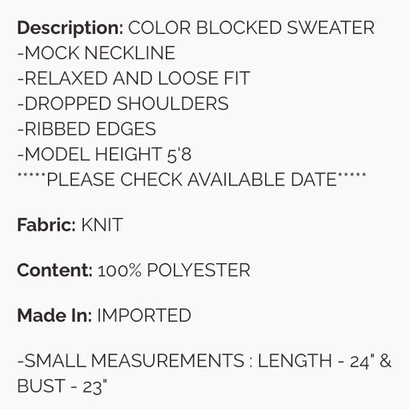 $18 ❤️ #371 EASEL COLOR BLOCKED SWEATER-MOCK NECKLINE-RELAXED AND LOOSE FIT