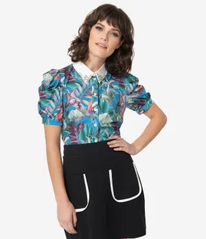 1950s Blue & Green Tropical Print Rhinestone Collar Blouse