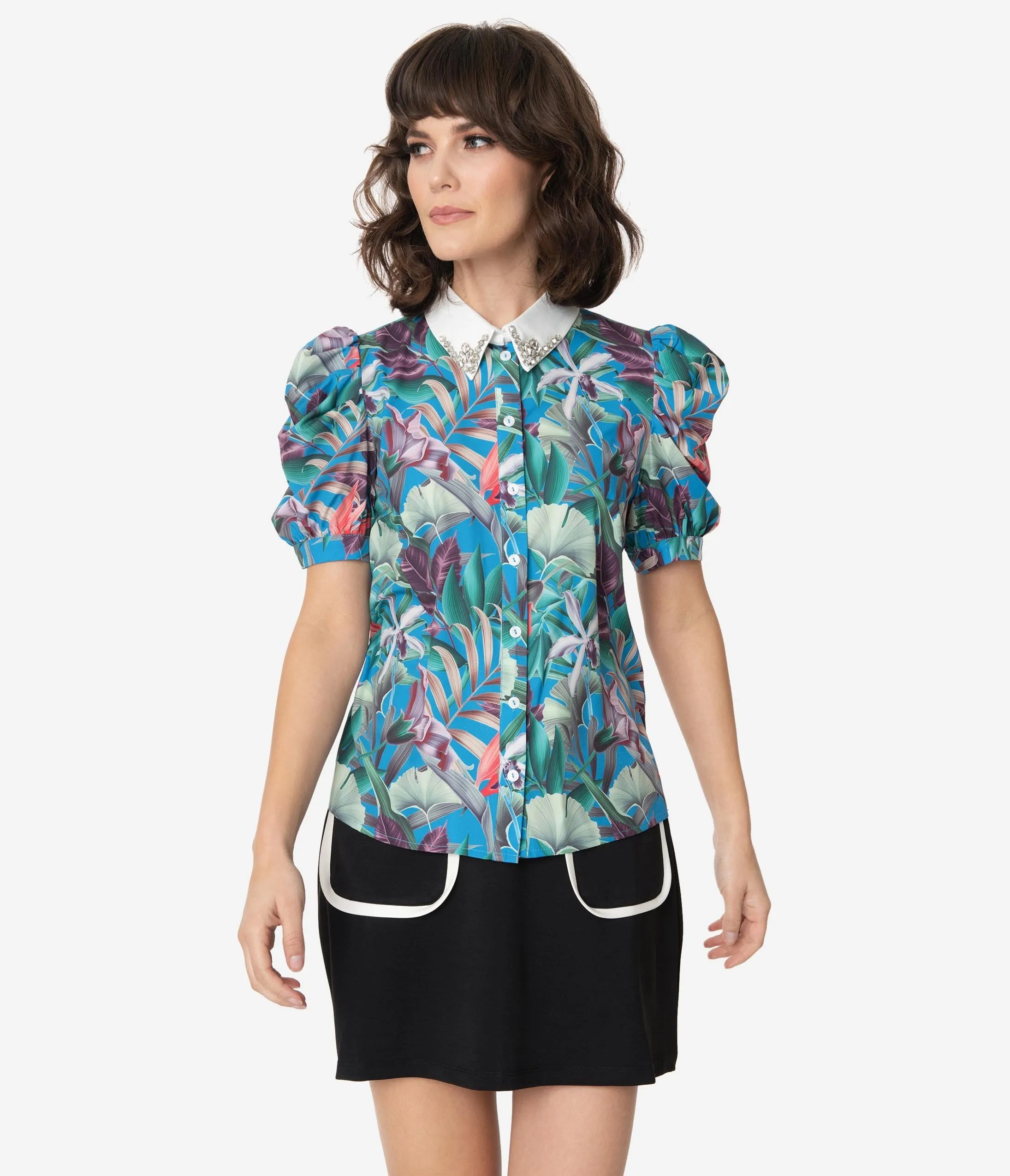 1950s Blue & Green Tropical Print Rhinestone Collar Blouse