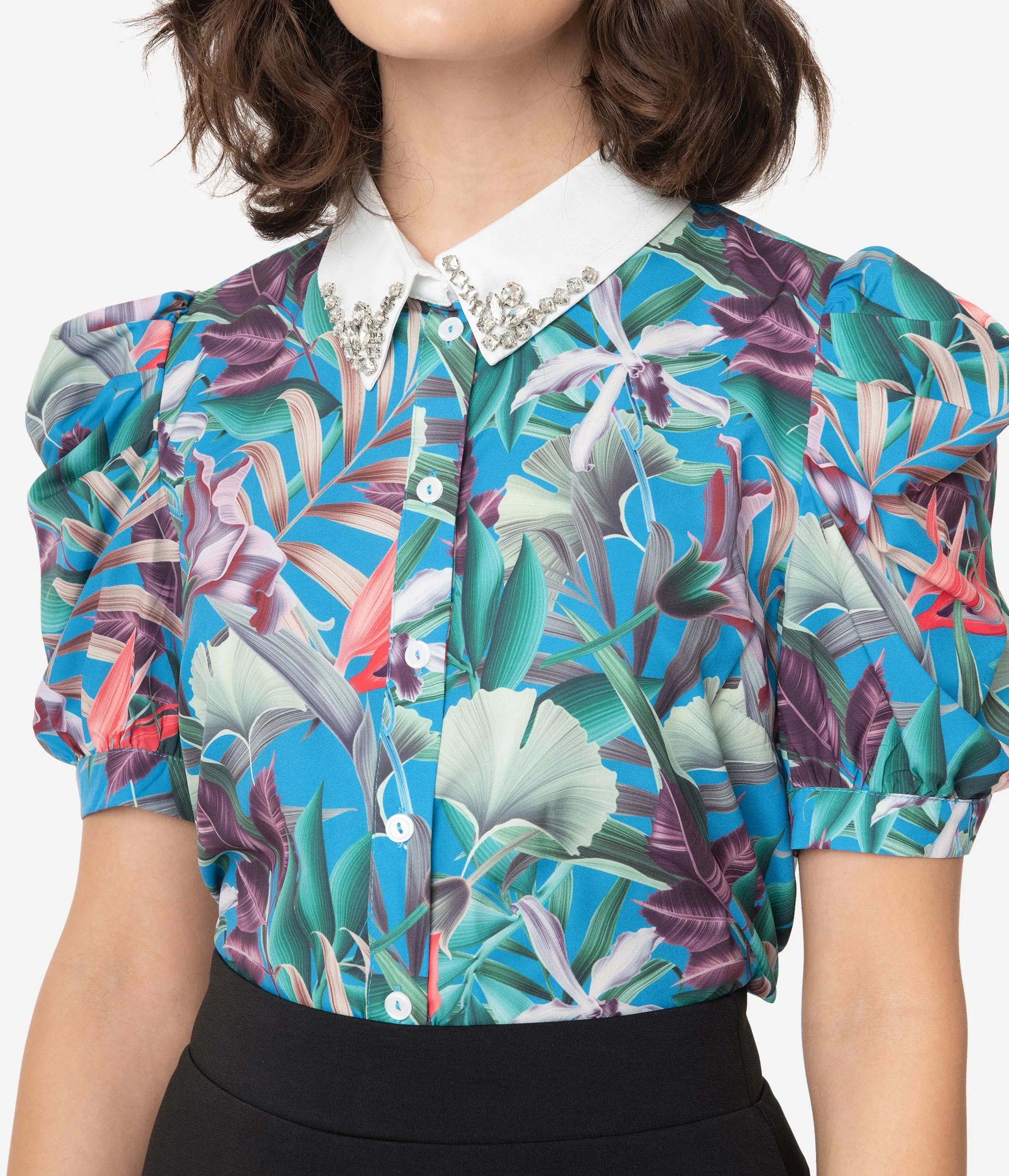 1950s Blue & Green Tropical Print Rhinestone Collar Blouse