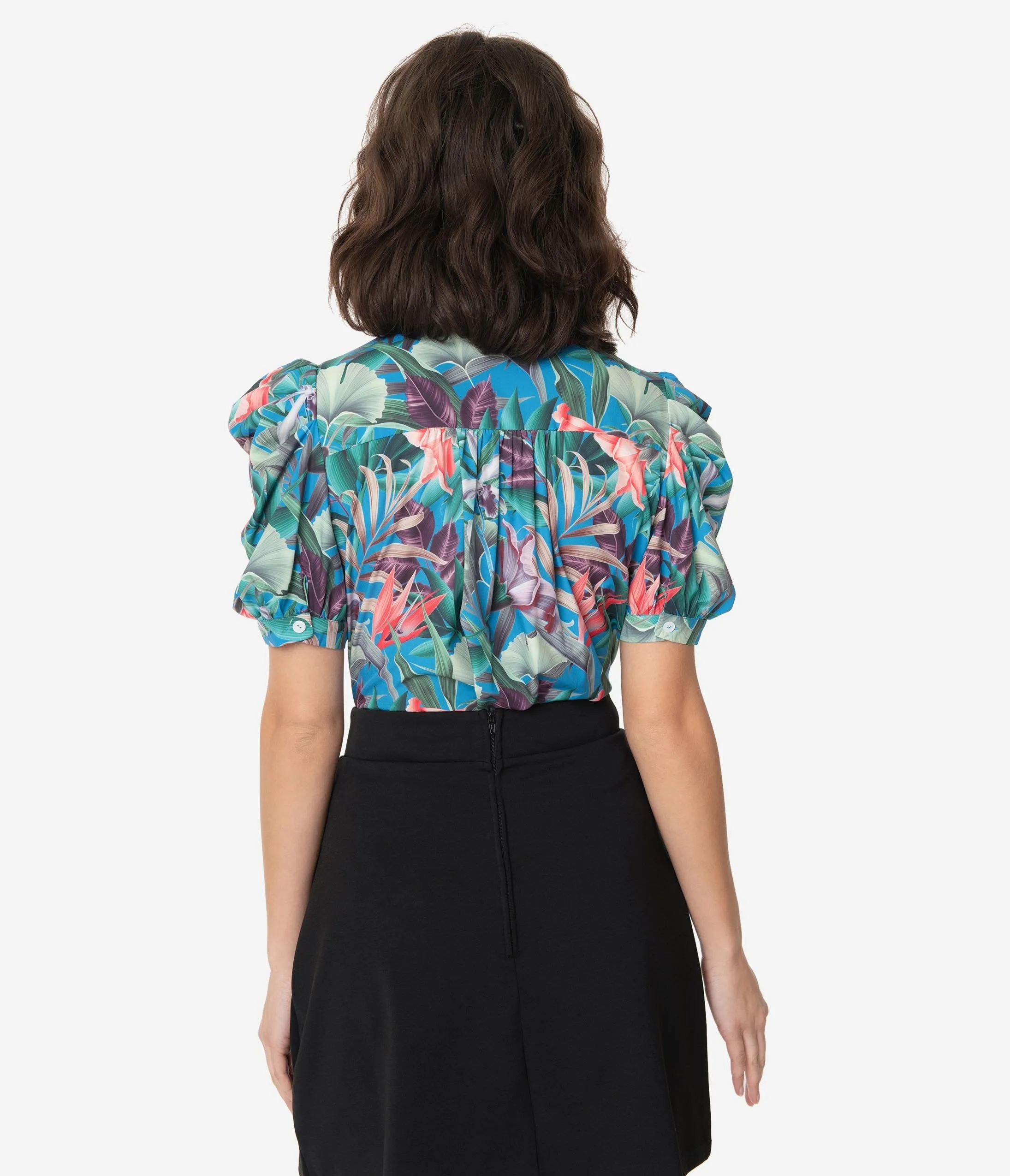1950s Blue & Green Tropical Print Rhinestone Collar Blouse