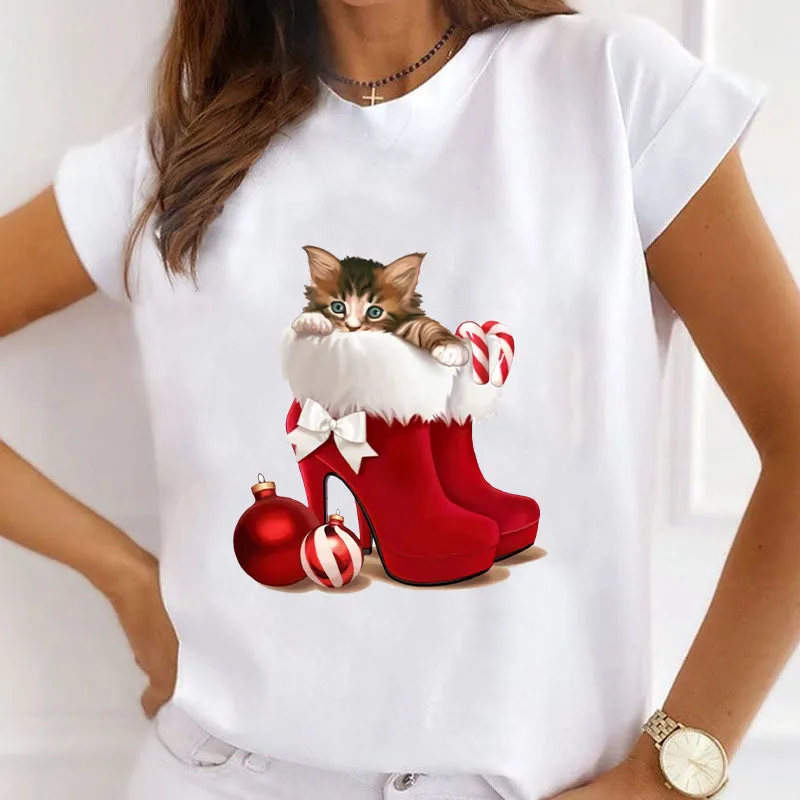 2022 Christmas Cute Cat White T-Shirt