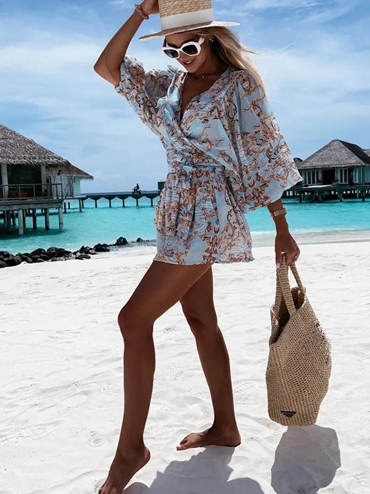 2024 Sexy Deep V Neck Casual Boho Beach Vacation Fashion Print Lantern Sleeve Dress