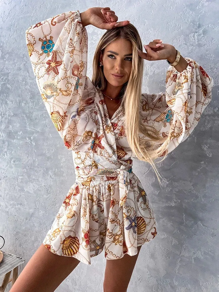 2024 Sexy Deep V Neck Casual Boho Beach Vacation Fashion Print Lantern Sleeve Dress