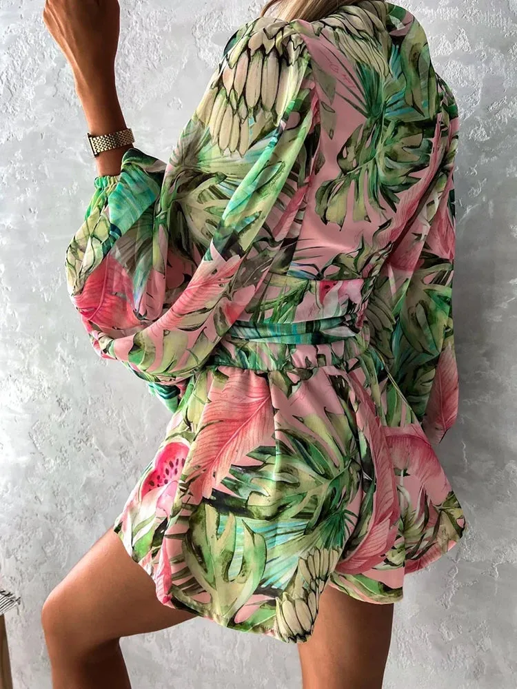 2024 Sexy Deep V Neck Casual Boho Beach Vacation Fashion Print Lantern Sleeve Dress