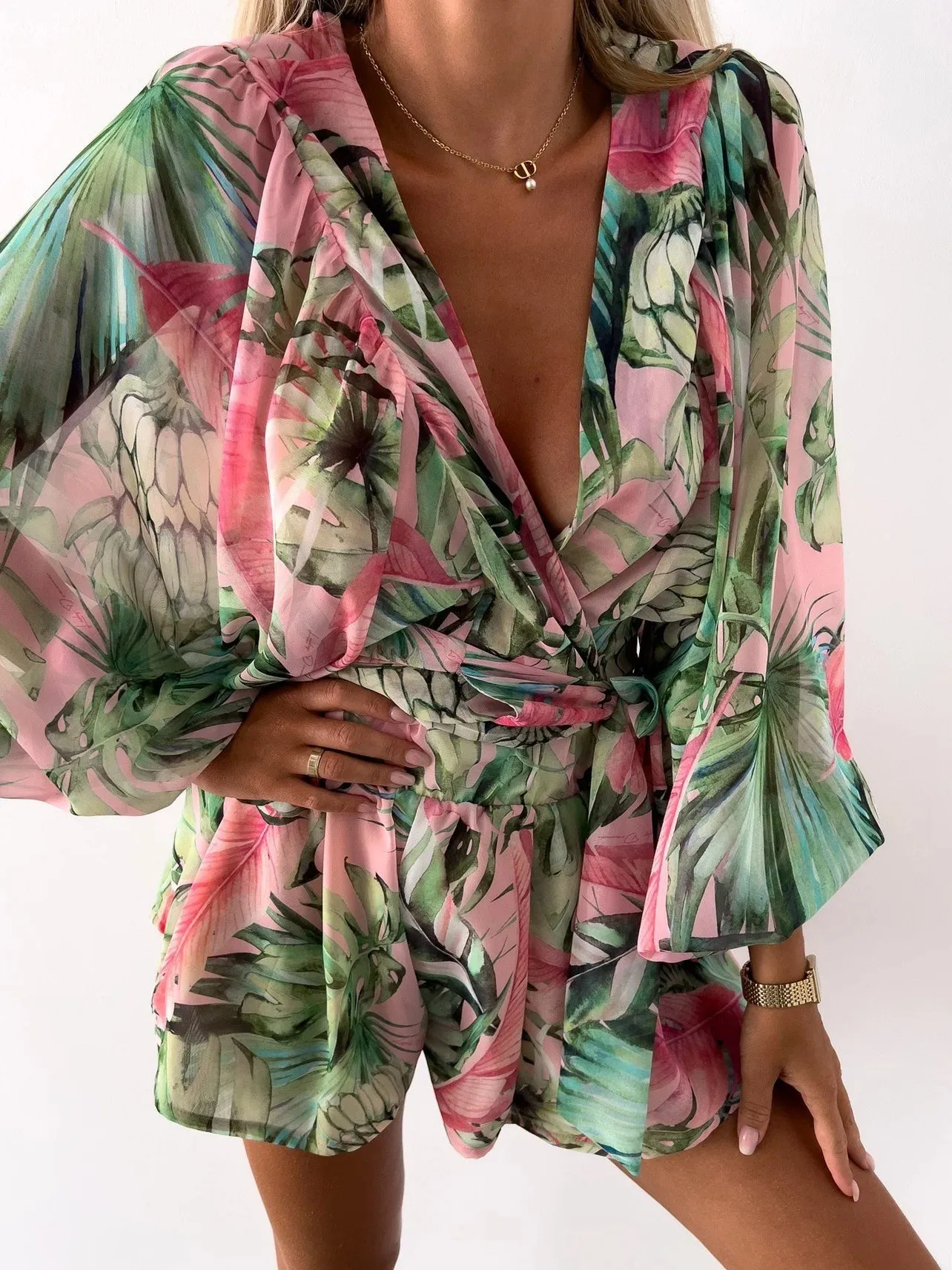 2024 Sexy Deep V Neck Casual Boho Beach Vacation Fashion Print Lantern Sleeve Dress