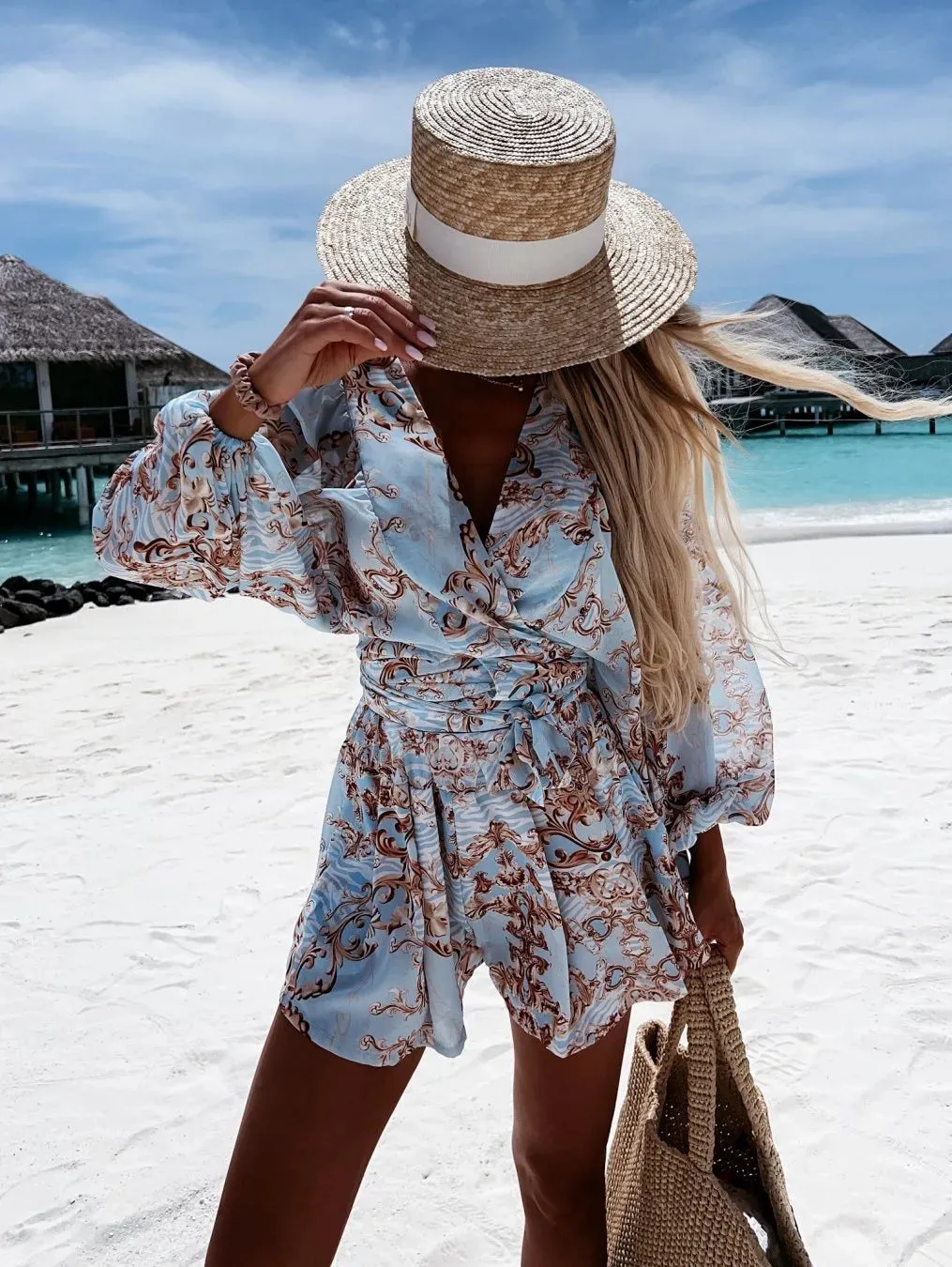 2024 Sexy Deep V Neck Casual Boho Beach Vacation Fashion Print Lantern Sleeve Dress
