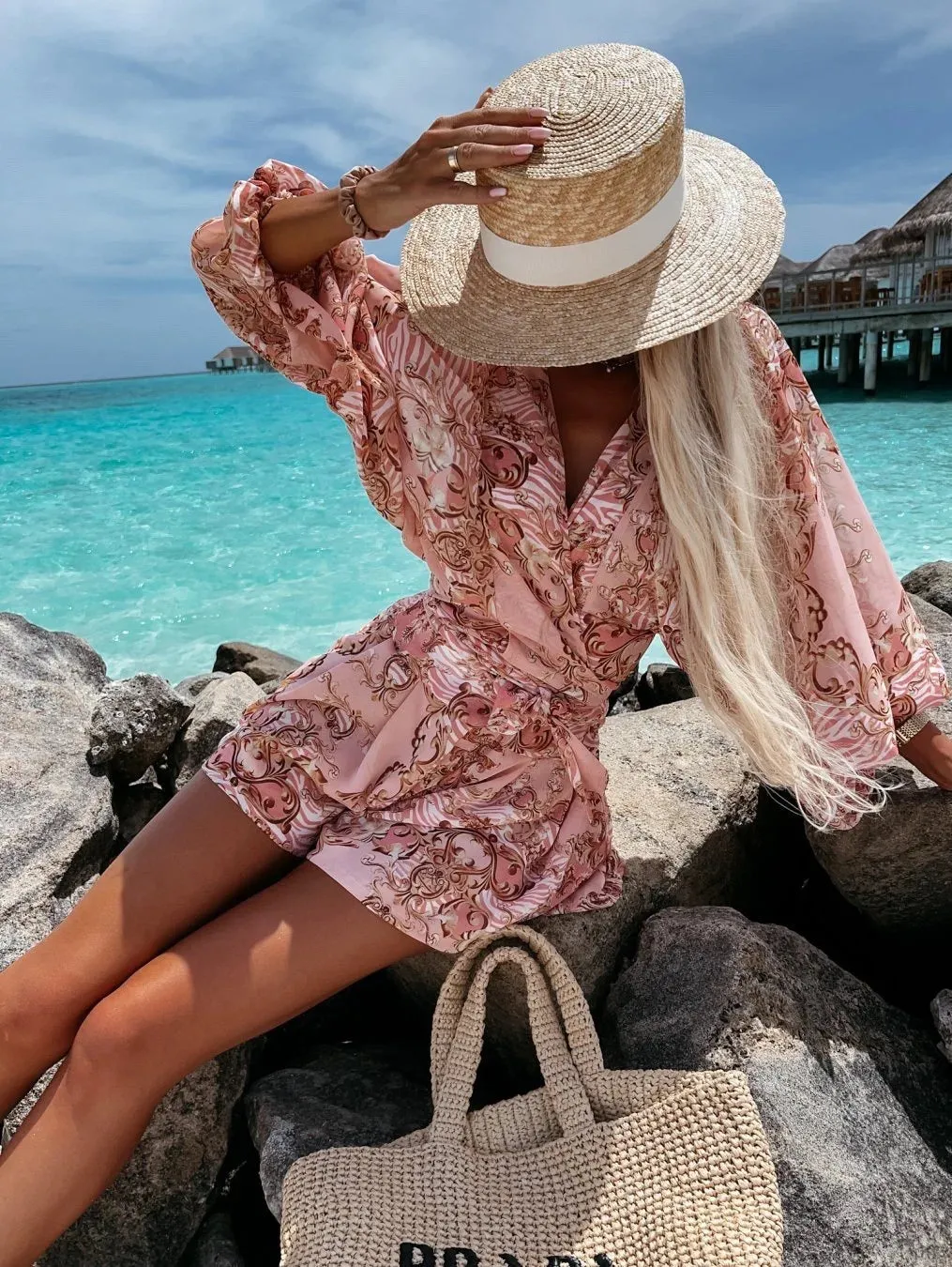2024 Sexy Deep V Neck Casual Boho Beach Vacation Fashion Print Lantern Sleeve Dress