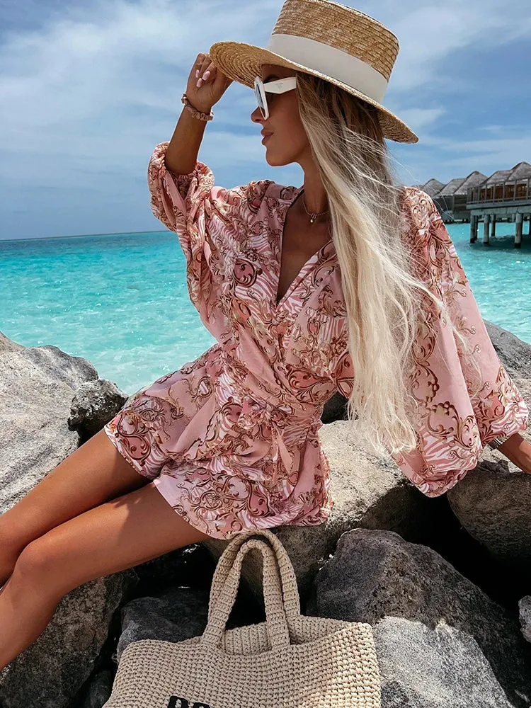 2024 Sexy Deep V Neck Casual Boho Beach Vacation Fashion Print Lantern Sleeve Dress