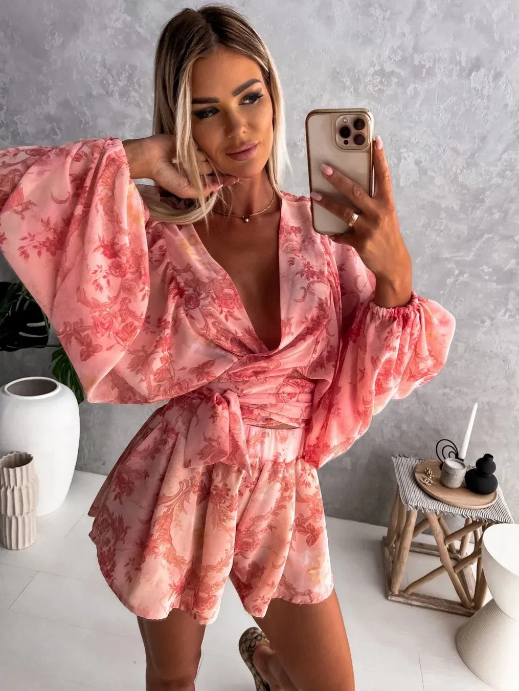 2024 Sexy Deep V Neck Casual Boho Beach Vacation Fashion Print Lantern Sleeve Dress
