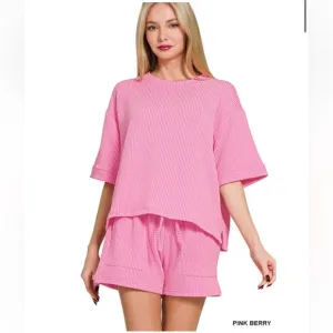 223 $25❤️1 LEFT Zenana Pink berry CORDED RIB SHORTSLEEVE TEE &amp; SHORTPANTS SET
