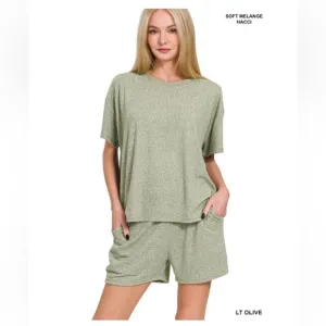 $25 110 ❤️Zenana LT OLIVE SOFT MELANGE SHORT SLEEVE TEE &amp; SHORTS SET