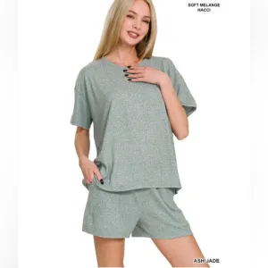 $25 374 ❤️Zenana ASH JADE SOFT MELANGE SHORT SLEEVE TEE &amp; SHORTS SET
