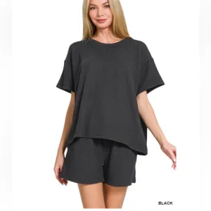 $25 382 ❤️Zenana black CORDED RIB SHORTSLEEVE TEE &amp; SHORTPANTS SET