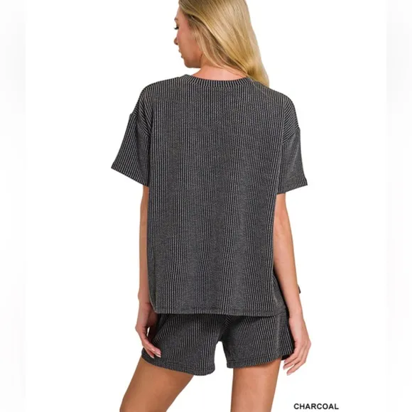 $25 382 ❤️Zenana charcoal CORDED RIB SHORTSLEEVE TEE &amp; SHORTPANTS SET