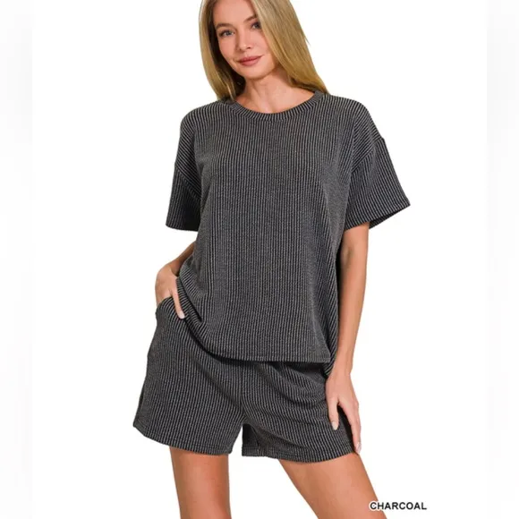 $25 382 ❤️Zenana charcoal CORDED RIB SHORTSLEEVE TEE &amp; SHORTPANTS SET