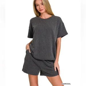 $25 382 ❤️Zenana charcoal CORDED RIB SHORTSLEEVE TEE &amp; SHORTPANTS SET