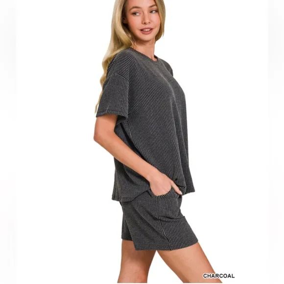 $25 382 ❤️Zenana charcoal CORDED RIB SHORTSLEEVE TEE &amp; SHORTPANTS SET