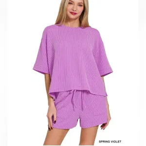 $25 386❤️Zenana Spring violet CORDED RIB SHORTSLEEVE TEE &amp; SHORTPANTS SET