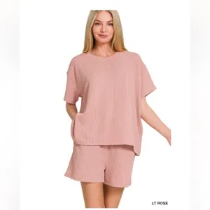 $25 387 ❤️Zenana LT ROSE CORDED RIB SHORTSLEEVE TEE &amp; SHORTPANTS SET