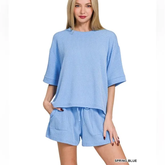 $25 388 ❤️Zenana Spring Blue CORDED RIB SHORTSLEEVE TEE &amp; SHORTPANTS SET