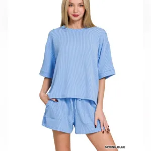 $25 388 ❤️Zenana Spring Blue CORDED RIB SHORTSLEEVE TEE &amp; SHORTPANTS SET