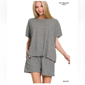 $25 396 ❤️Zenana BLACK SOFT MELANGE SHORT SLEEVE TEE &amp; SHORTS SET