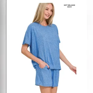 $25 399 ❤️Zenana OCEAN BLUE SOFT MELANGE SHORT SLEEVE TEE &amp; SHORTS SET