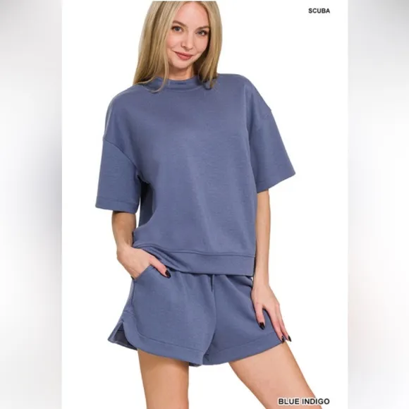 $25 99 1 LEFT ❤️Zenana Blue Indigo SCUBA SHORT SLEEVE &amp;DOLPHIN SHORTS SET