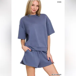 $25 99 1 LEFT ❤️Zenana Blue Indigo SCUBA SHORT SLEEVE &amp;DOLPHIN SHORTS SET