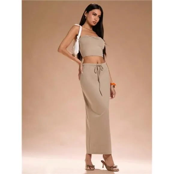 2pcs Casual Sleeveless Crop Top &amp; Skirt Set, Summer