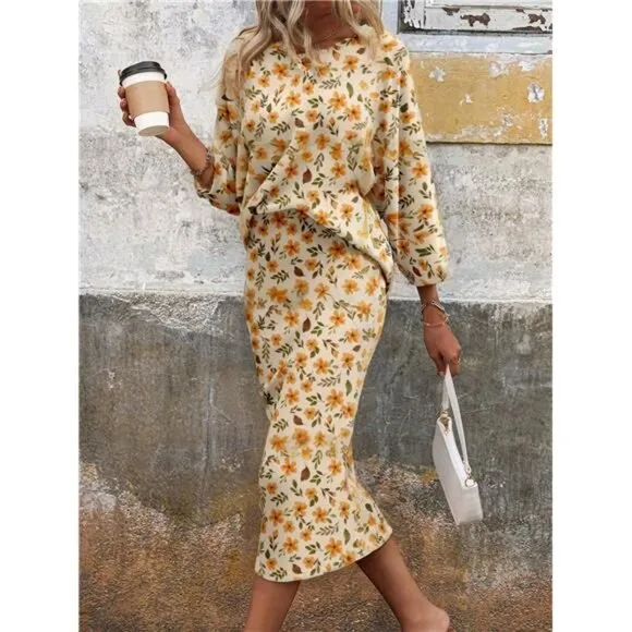2pcs Women Casual Loose Floral Print Round Neck Long Sleeve Suit