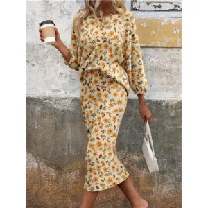 2pcs Women Casual Loose Floral Print Round Neck Long Sleeve Suit
