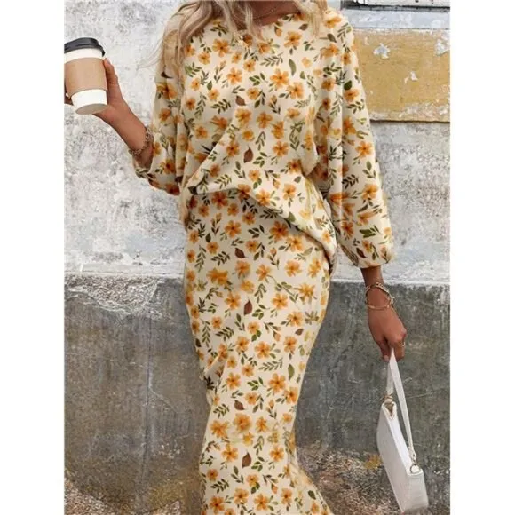 2pcs Women Casual Loose Floral Print Round Neck Long Sleeve Suit