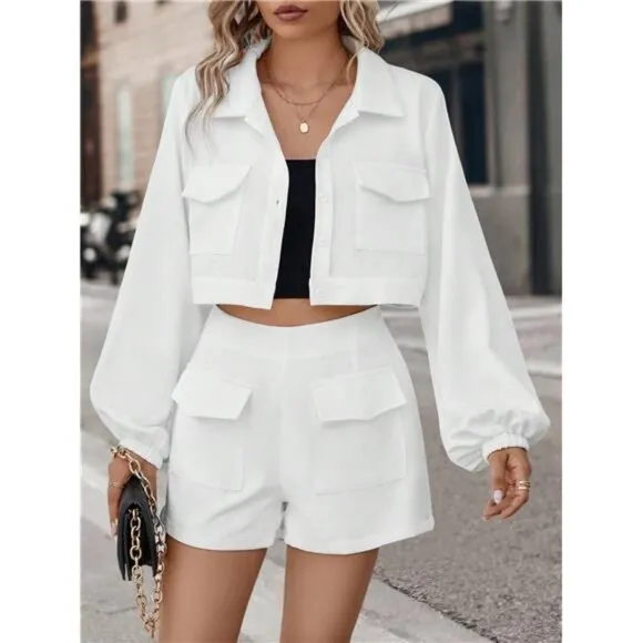 2pcs/Set Chic Button Down Collar Long Sleeve Shirt &amp; Casual Shorts, Matching Set