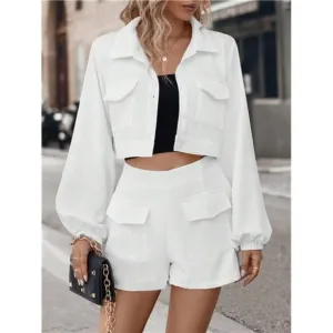 2pcs/Set Chic Button Down Collar Long Sleeve Shirt &amp; Casual Shorts, Matching Set